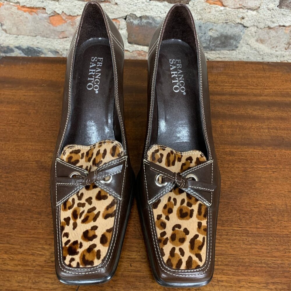 Franco Sarto Brown Kitten Heels with Cow Hide Leopard Print Accent